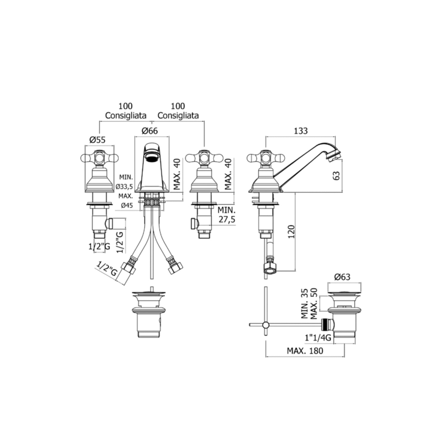 Batteria lavabo a 3 fori con scarico automatico Paffoni serie Viola - Cromato