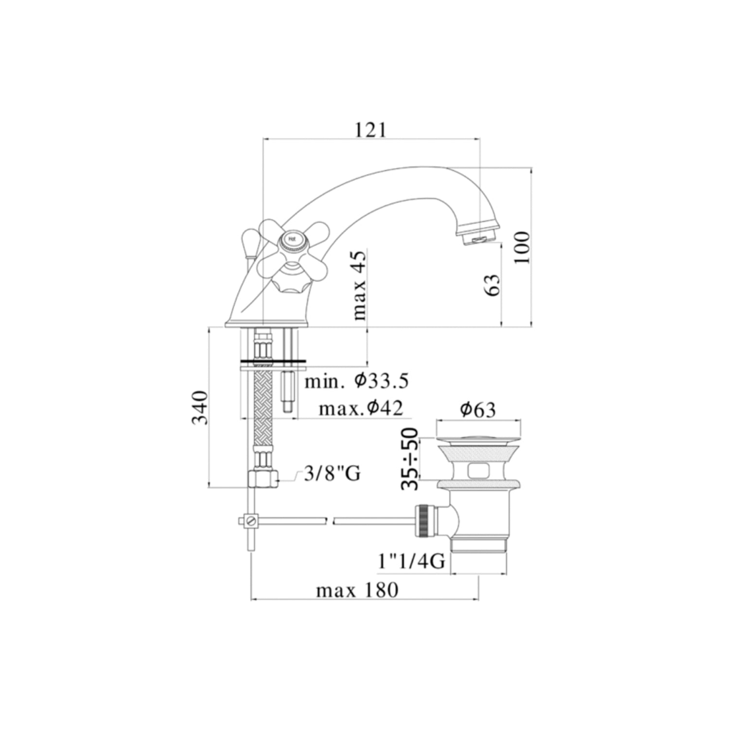 Monoforo lavabo Retrò con scarico automatico Paffoni serie Viola - Cromato