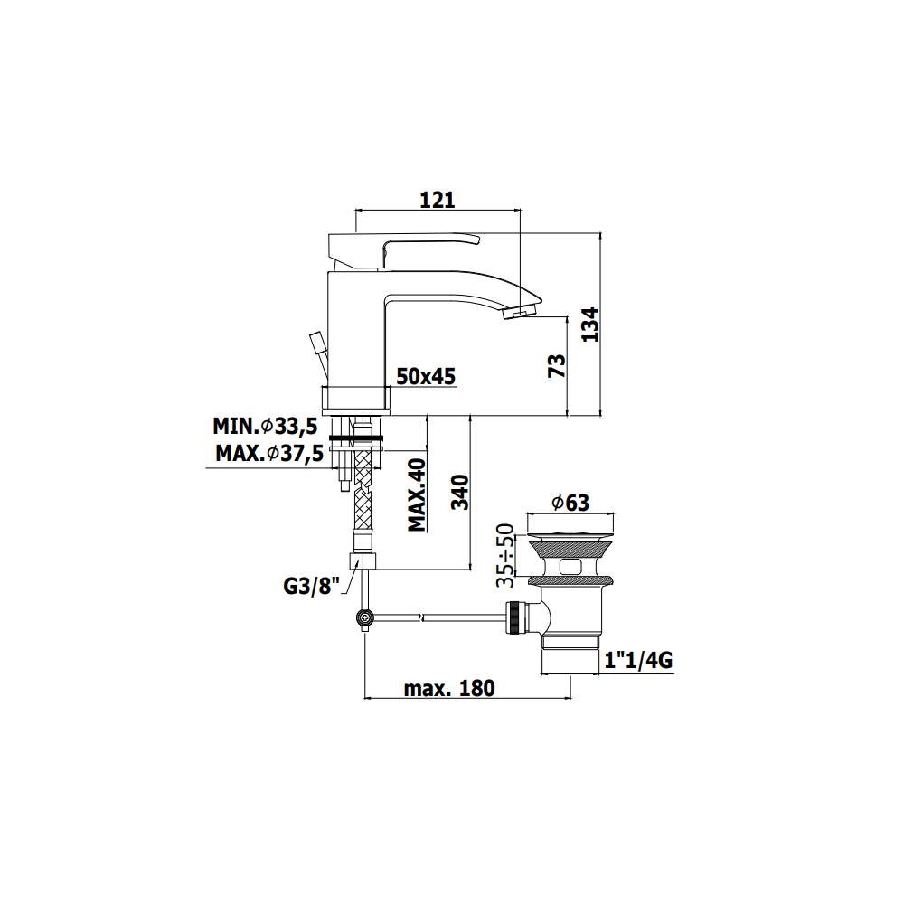 Miscelatore Lavabo con piletta e scarico automatico serie Level modello LES075ST steel looking Paffoni