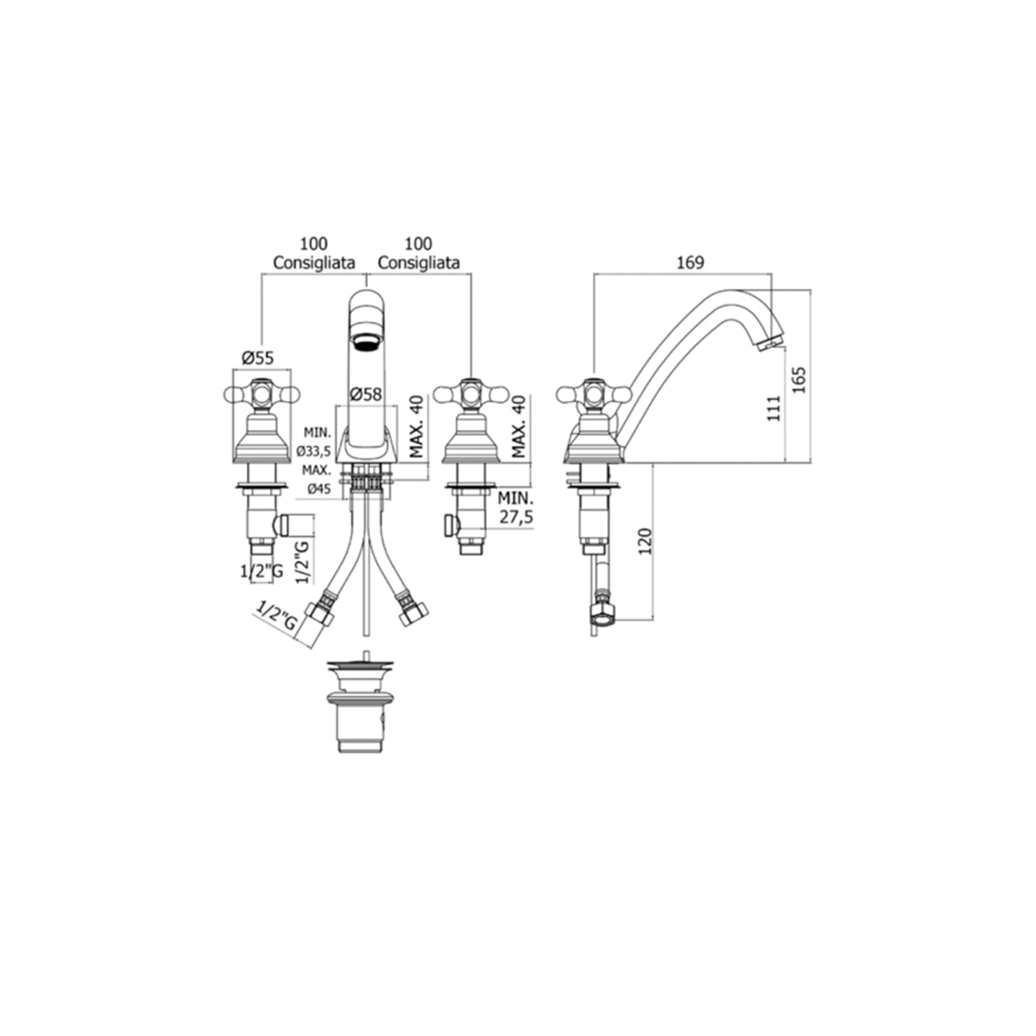 Batteria lavabo a 3 fori senza scarico Paffoni serie Viola - Cromo/Golf finish