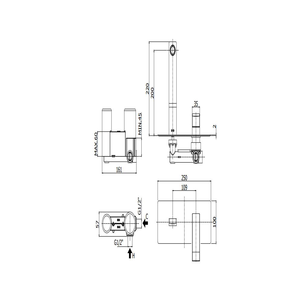 Miscelatore lavabo incasso 2 Fori serie Level modello LES106ST steel looking Paffoni