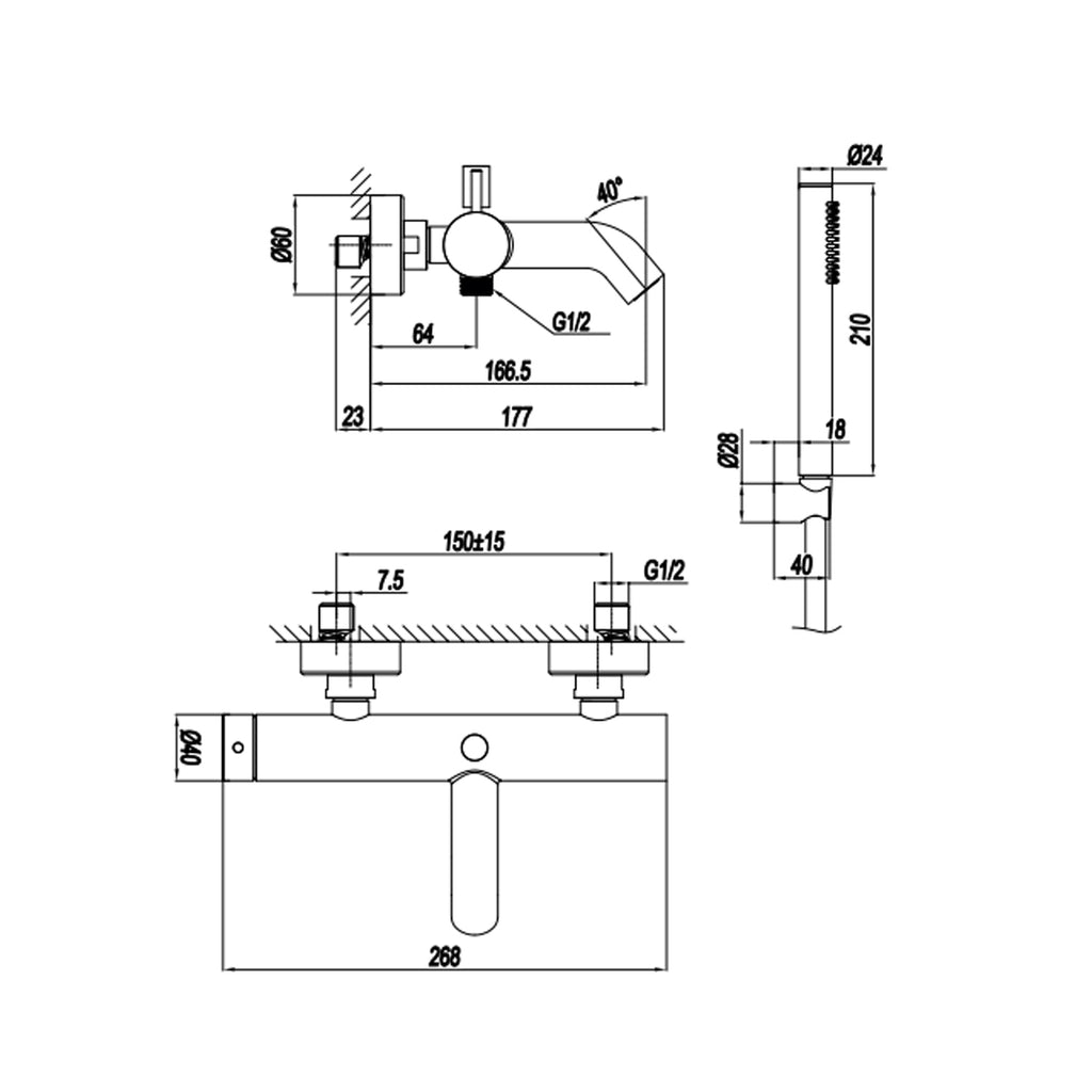 Miscelatore monocomando esterno per vasca con kit doccino RubiFlux serie Aria - Acciaio Satinato