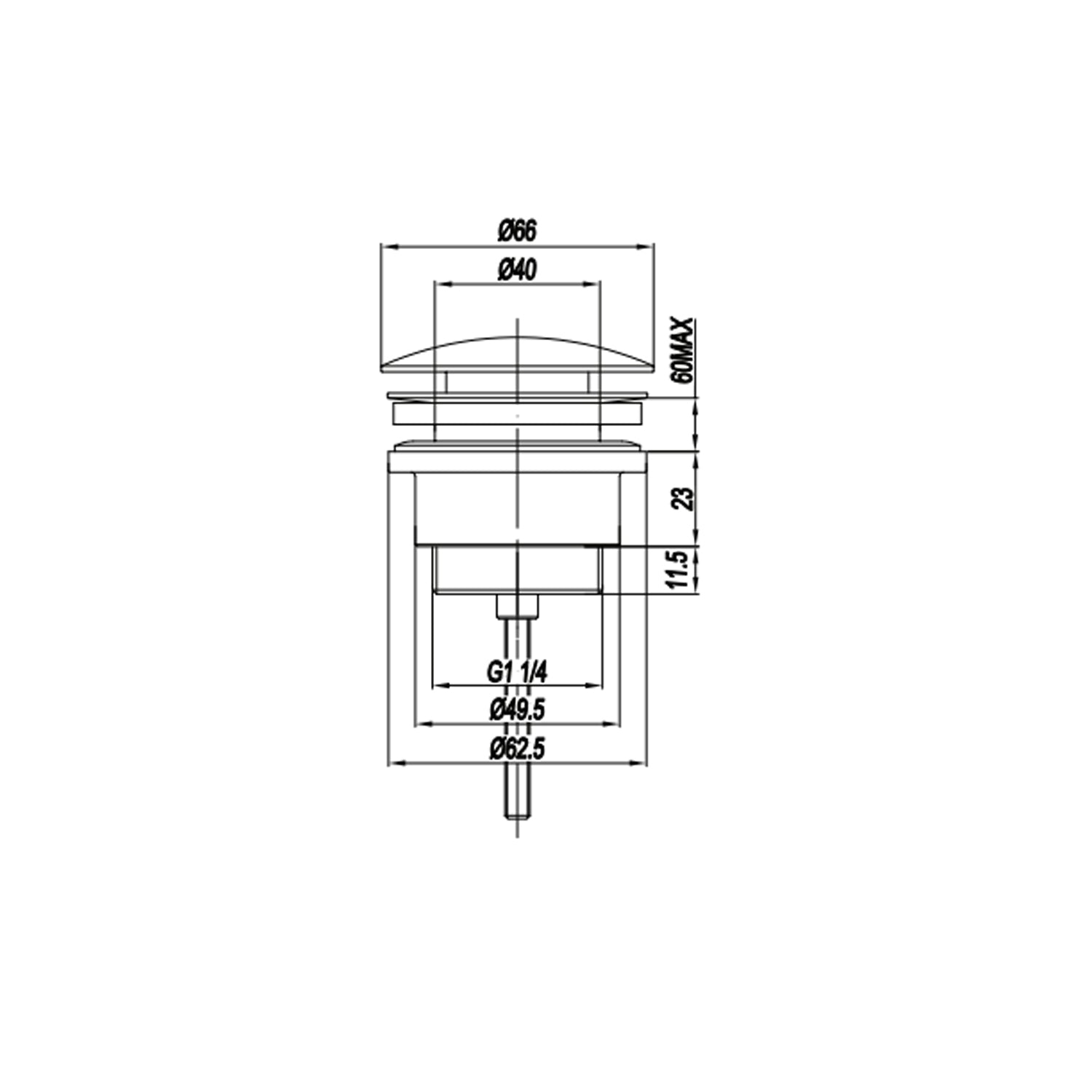 Piletta Click Clack universale per lavabo RubiFlux serie Aria - Acciaio Satinato