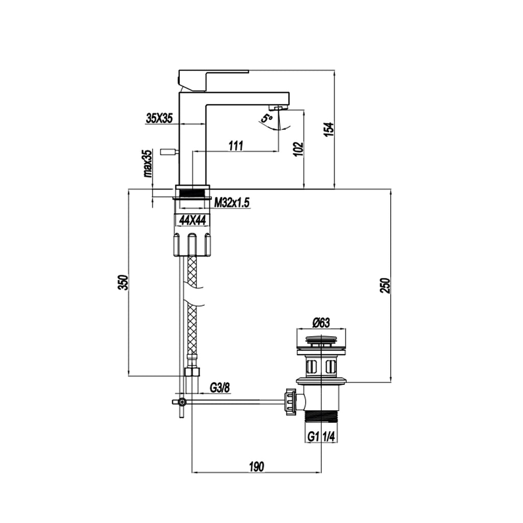 Miscelatore monocomando lavabo con scarico RubiFlux serie Rose - Nero Opaco