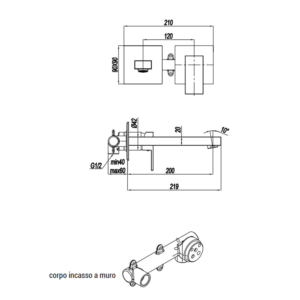 Miscelatore monocomando lavabo murale RubiFlux serie Rose canna 20 cm - Cromo