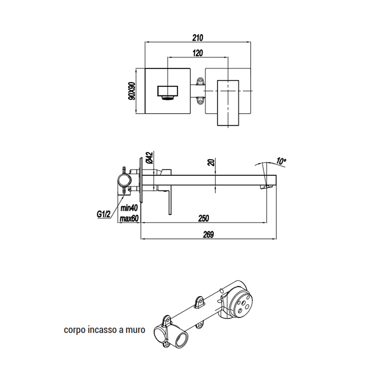 Miscelatore monocomando lavabo murale RubiFlux serie Rose canna 25 cm - Cromo