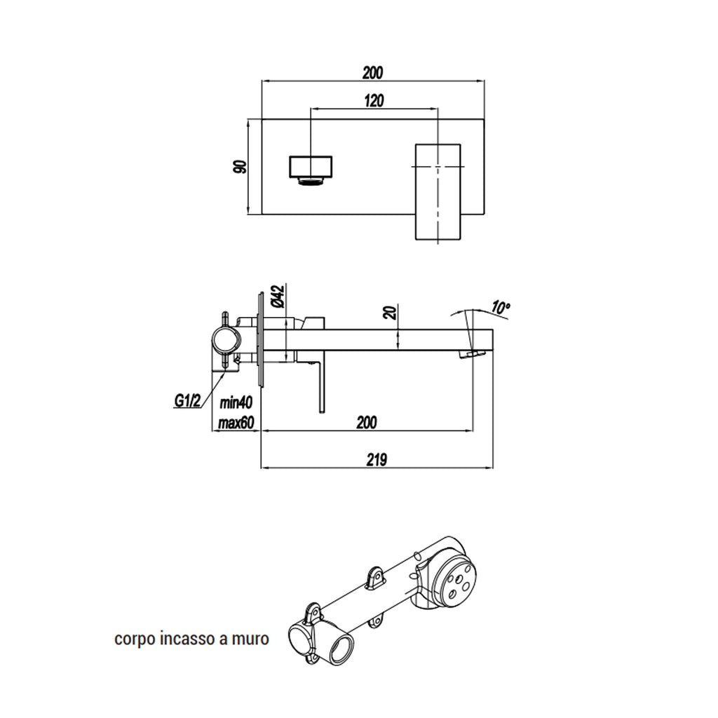 Miscelatore monocomando lavabo murale con piastra RubiFlux serie Rose canna 20 cm - Nero Opaco