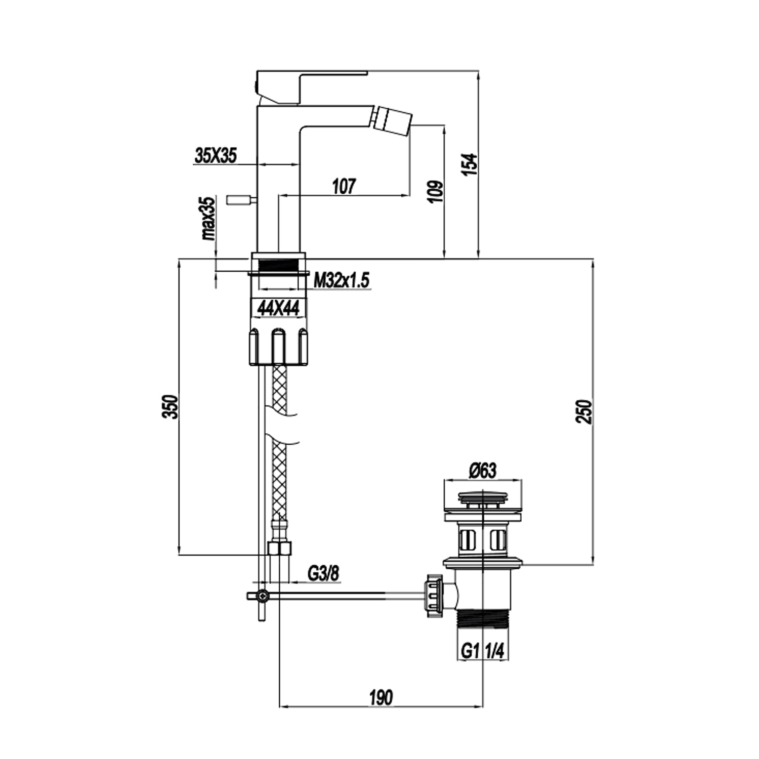 Miscelatore monocomando bidet con scarico RubiFlux serie Rose - Nero Opaco