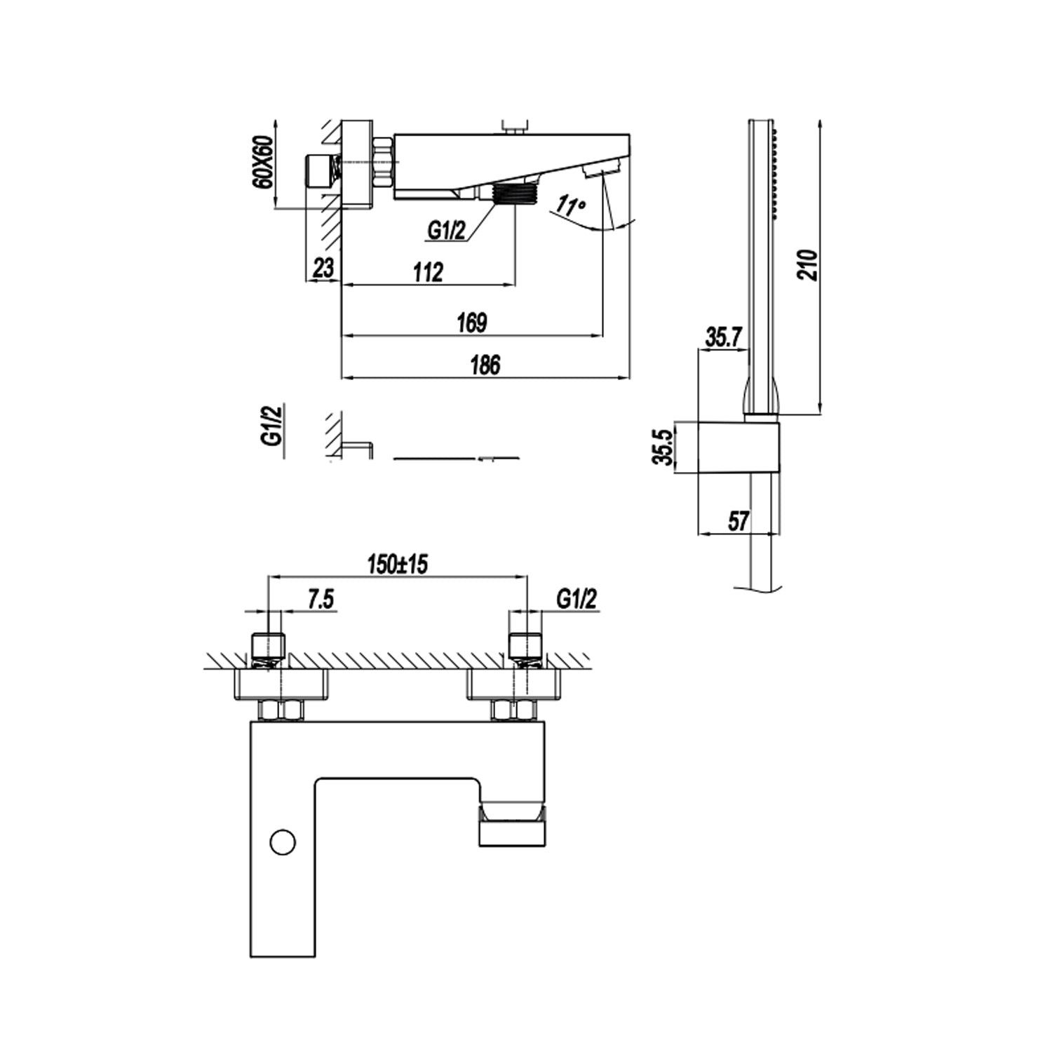 Miscelatore monocomando esterno per vasca con kit doccino RubiFlux serie Rose - Nero Opaco