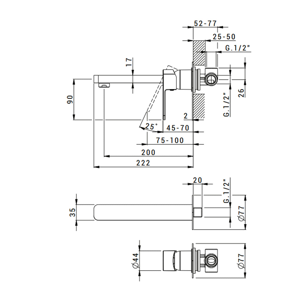 Miscelatore monocomando lavabo murale RubiFlux serie Dema canna 20 cm - Cromo