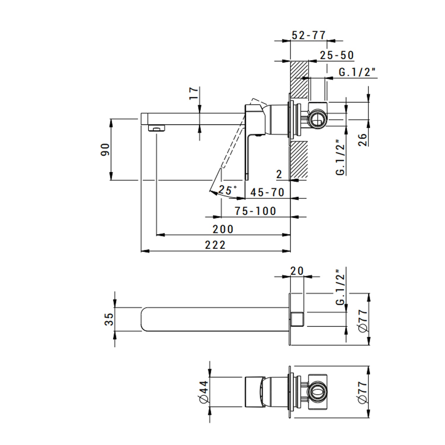 Miscelatore monocomando lavabo murale RubiFlux serie Dema canna 20 cm - Cromo