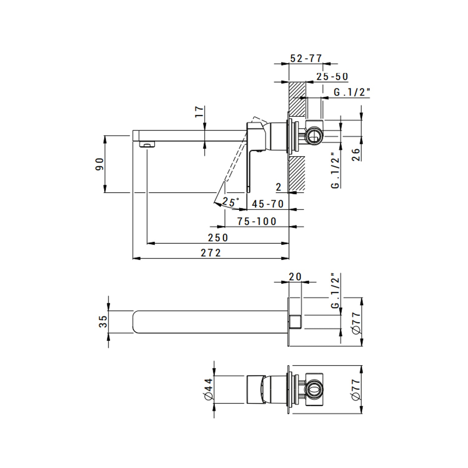 Miscelatore monocomando lavabo murale RubiFlux serie Dema canna 25 cm - Cromo