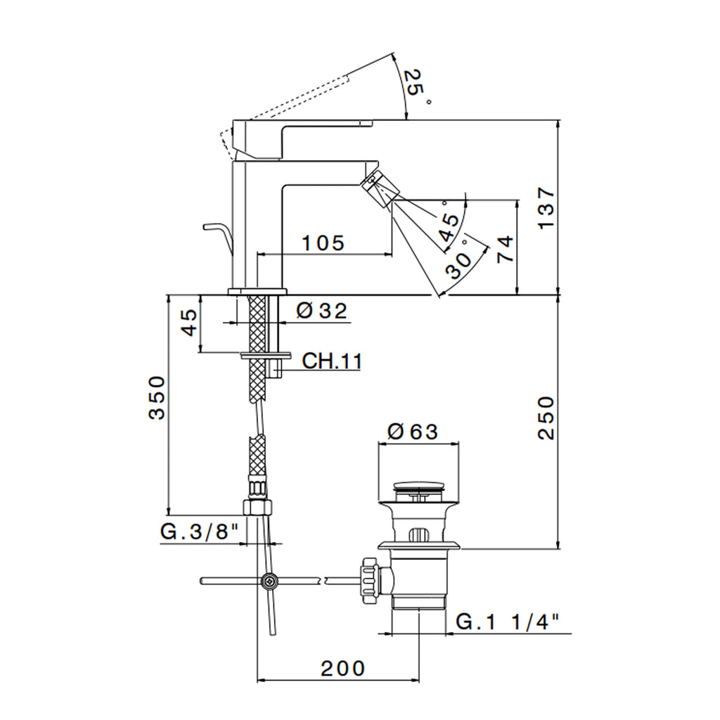 Miscelatore monocomando bidet con scarico RubiFlux serie Dema - Cromo