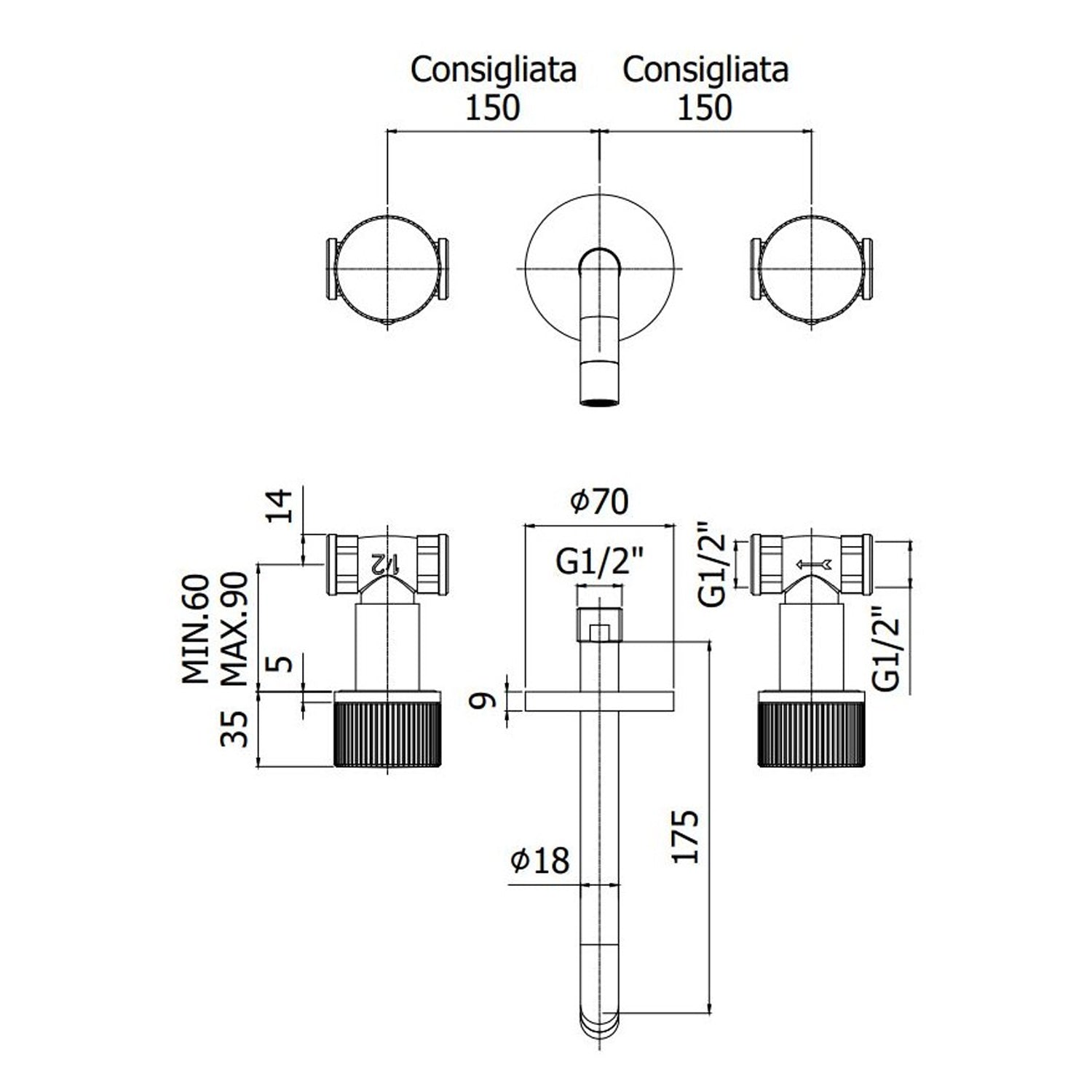 Miscelatore lavabo a muro con bocca cm 24