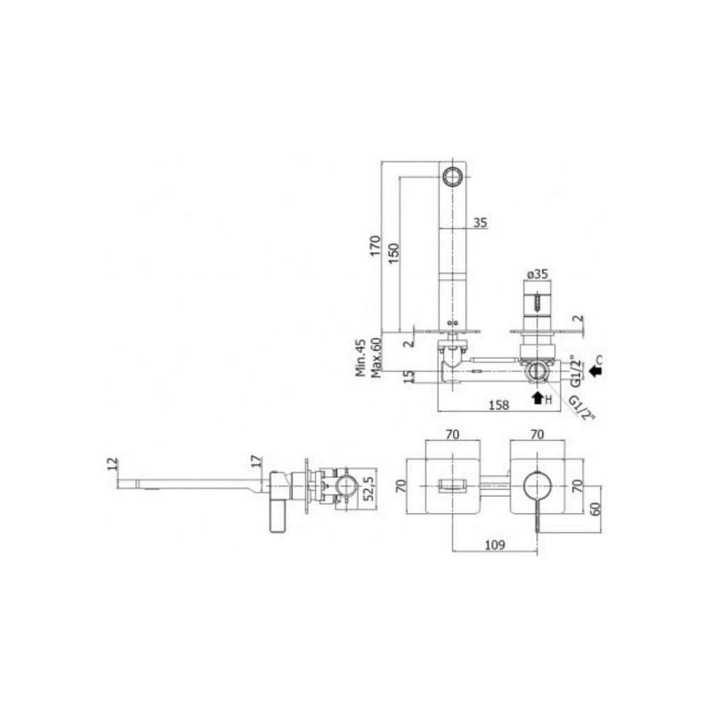 Miscelatore lavabo a parete serie Rock modello RO104St70 steel looking Paffoni