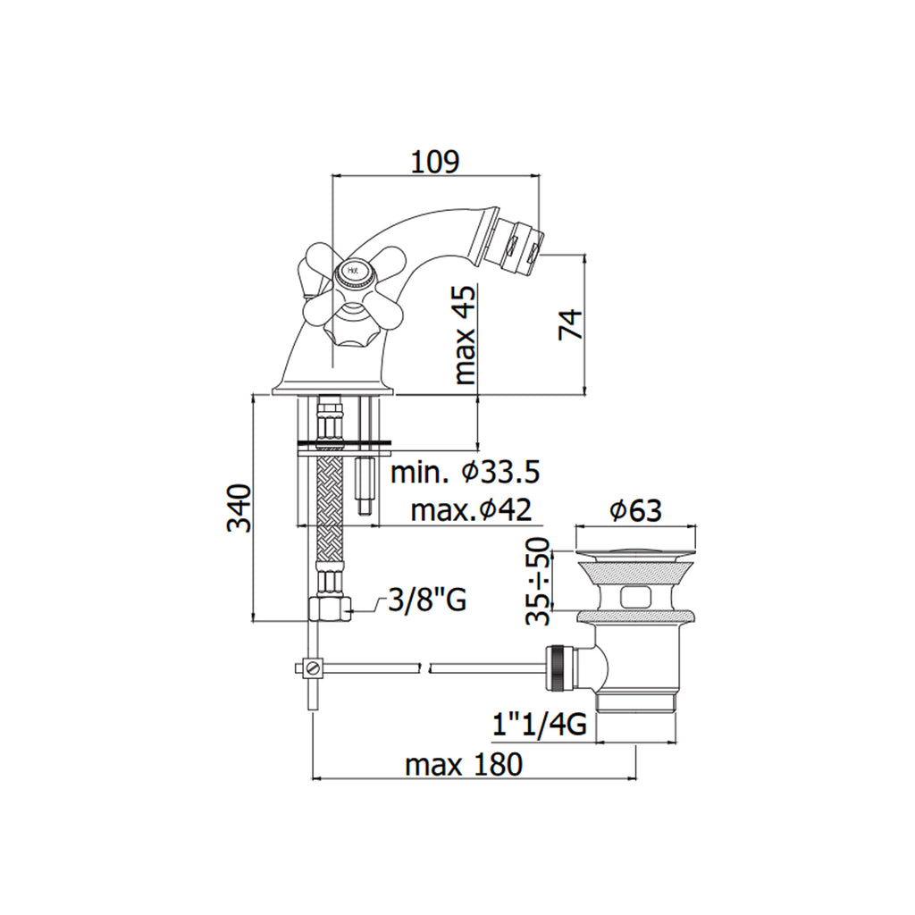 Monoforo bidet Retrò con scarico automatico Paffoni serie Viola - Bronzato