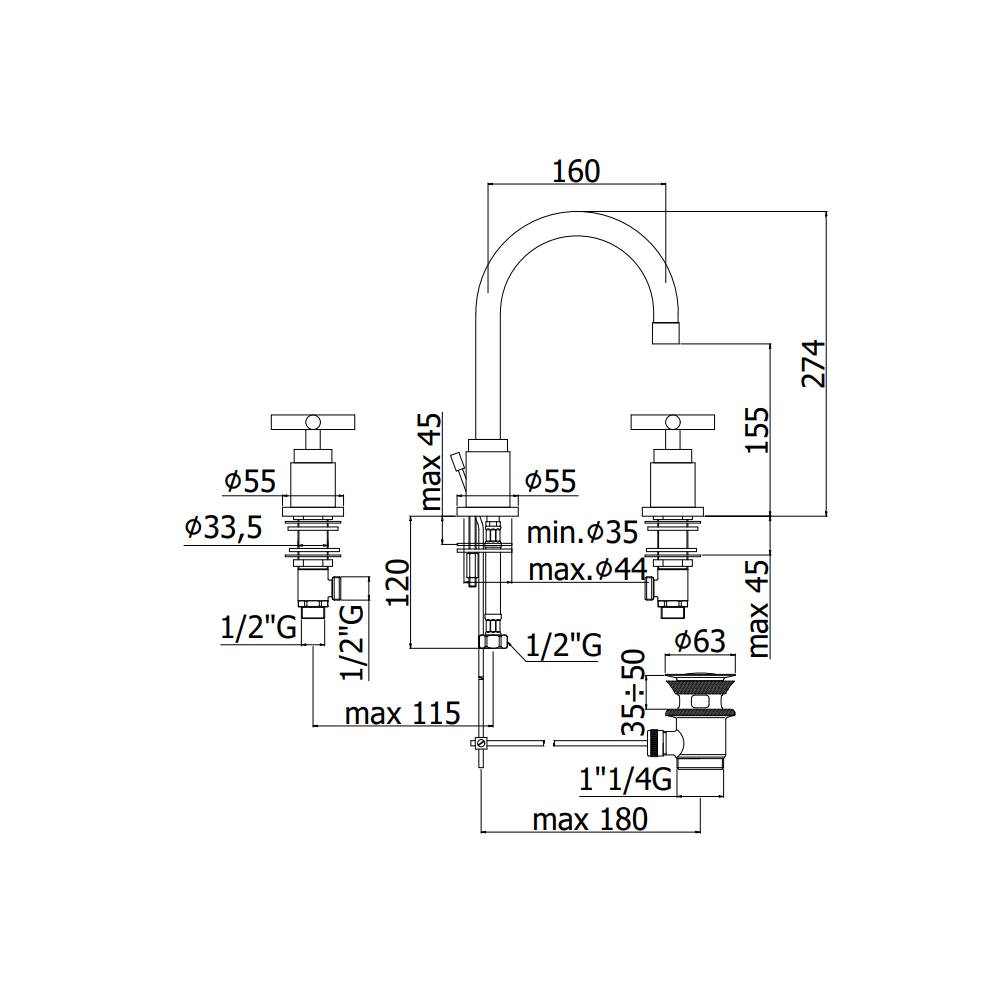 Batteria lavabo 3 fori con scarico automatico serie Quattro modello QTV055CR cromo Paffoni