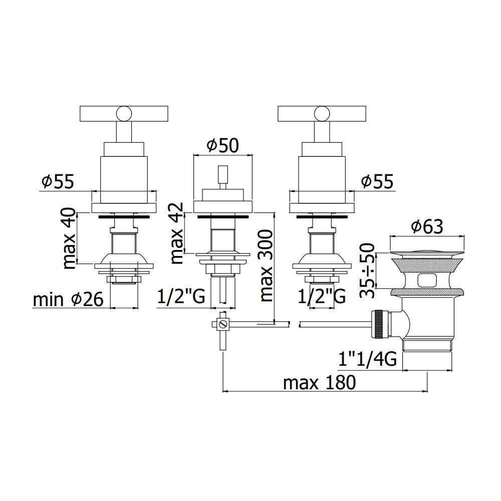 Batteria bidet 3 fori con scarico automatico serie Quattro modello QTV116CR cromo Paffoni