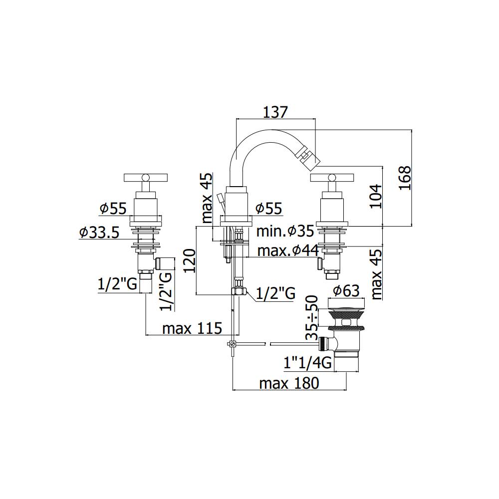 Batteria bidet 3 fori con scarico automatico serie Quattro modello QTV118CR cromo Paffoni