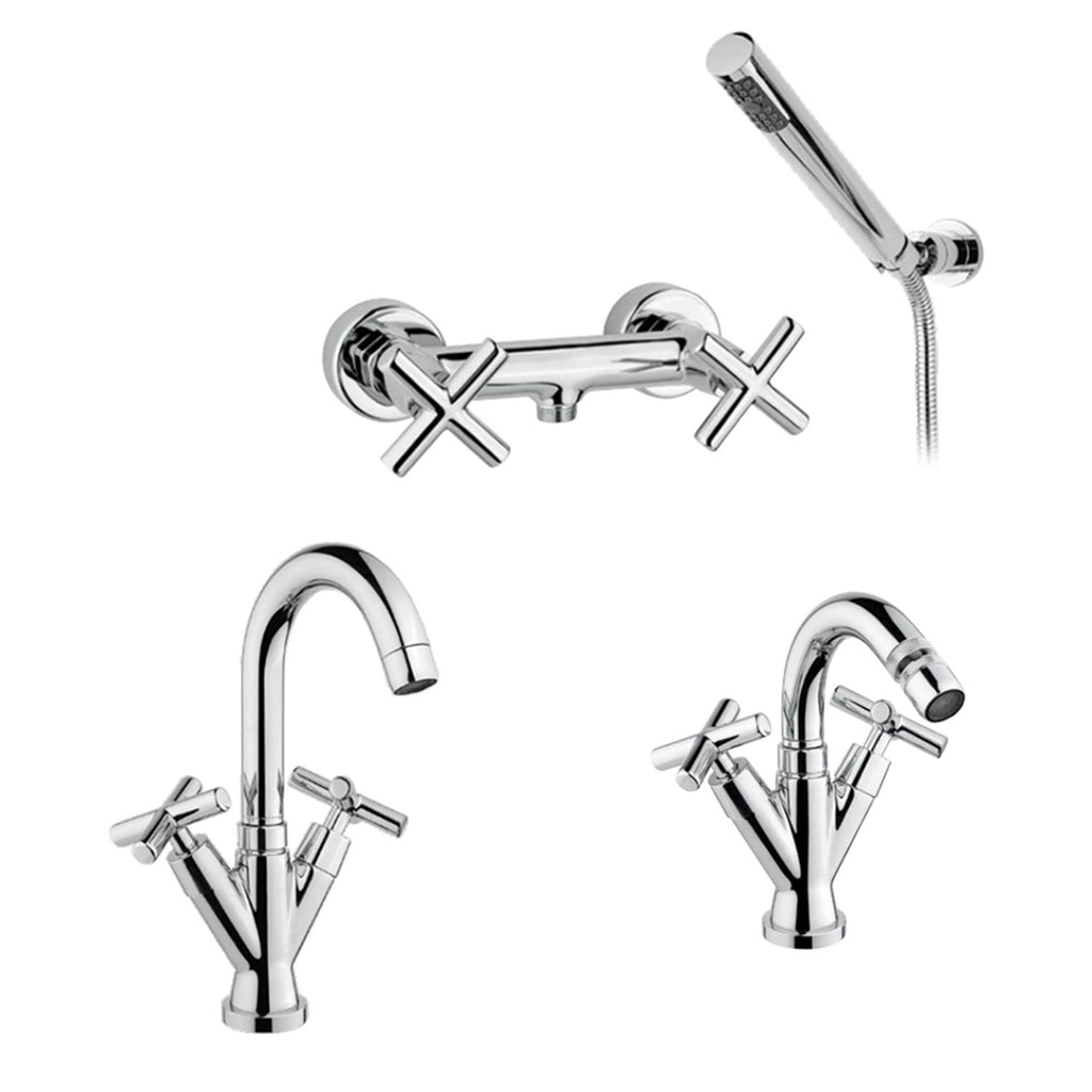 Kit miscelatori lavabo+bidet+doccia in ottone cromato collezione Sirio Keller Taps - rubinetti lavabo e bidet collo alto