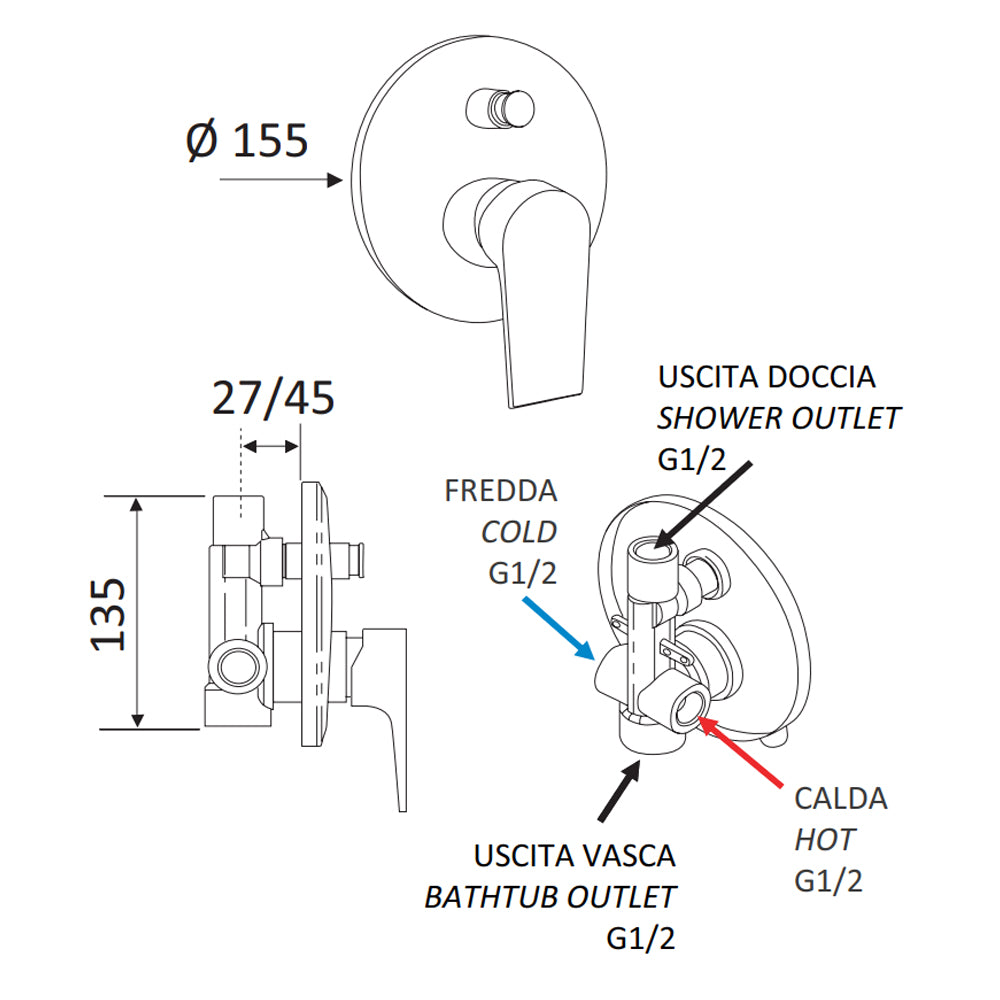 Miscelatore incasso doccia  con deviatore Rubinetterie Mariani linea Artic nichel nero spazzolato