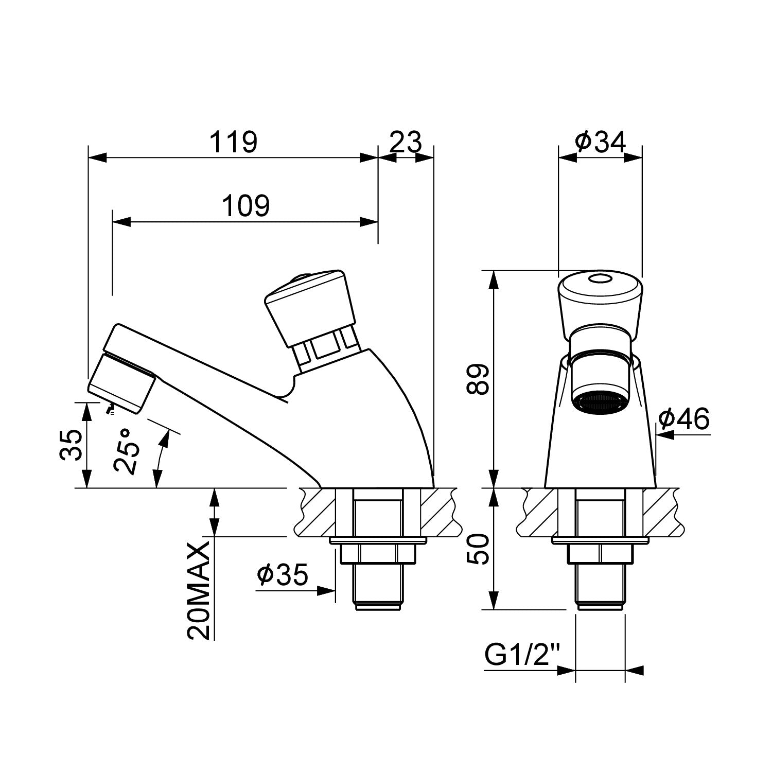 Rubinetto lavabo monoacqua temporizzato 8-12 secondi Mcm Rubinetterie