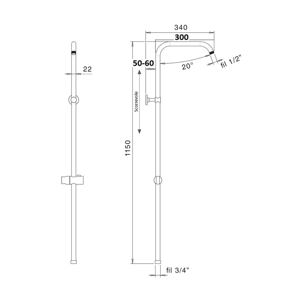 Colonna doccia C14 supporto scorrevole con attacco 3/4F e soffione 20cm