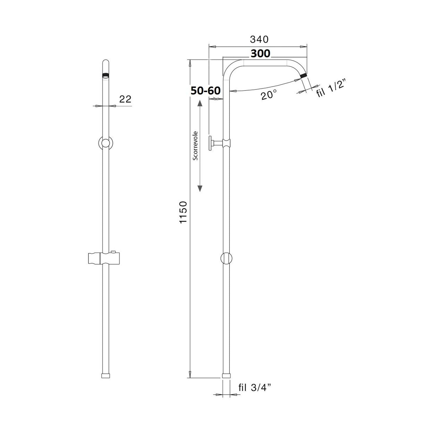 Colonna doccia C14 supporto scorrevole con attacco 3/4F e soffione 20cm