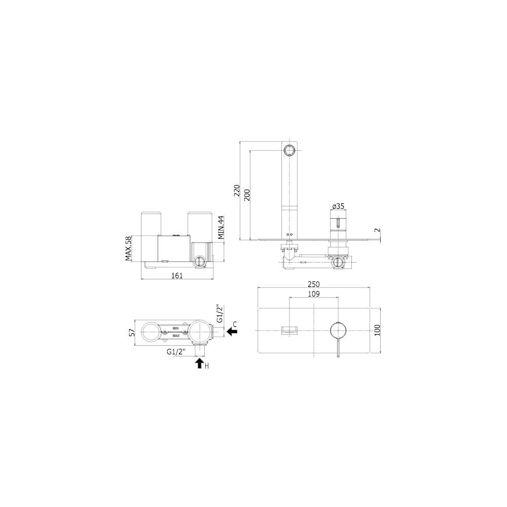 Miscelatore lavabo a parete serie Rock modello RO105ST con bocca 200 mm. Steel looking Paffoni