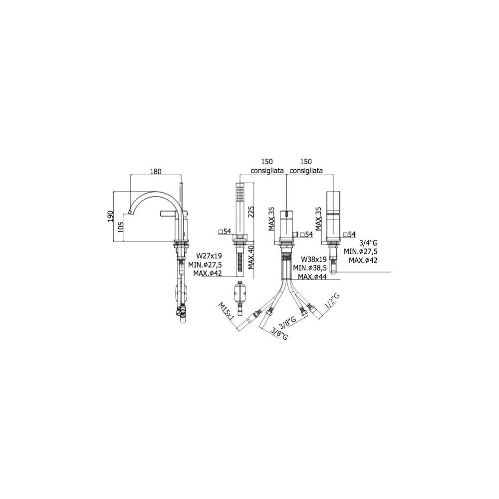 Miscelatore bordo vasca serie Rock modello RO040ST con bocca a cascata e duplex Steel looking Paffoni