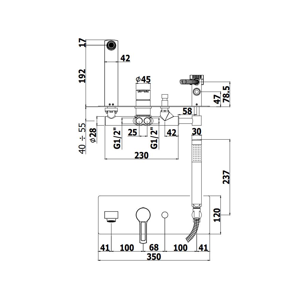 Miscelatore vasca a incasso a parete con doccia duplex serie Ringo modello RIN001CR cromo Paffoni