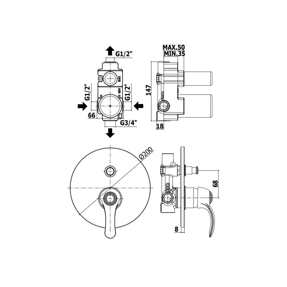 Miscelatore incasso doccia a muro con deviatore serie Flavia modello FA015CO Cromo oro Paffoni