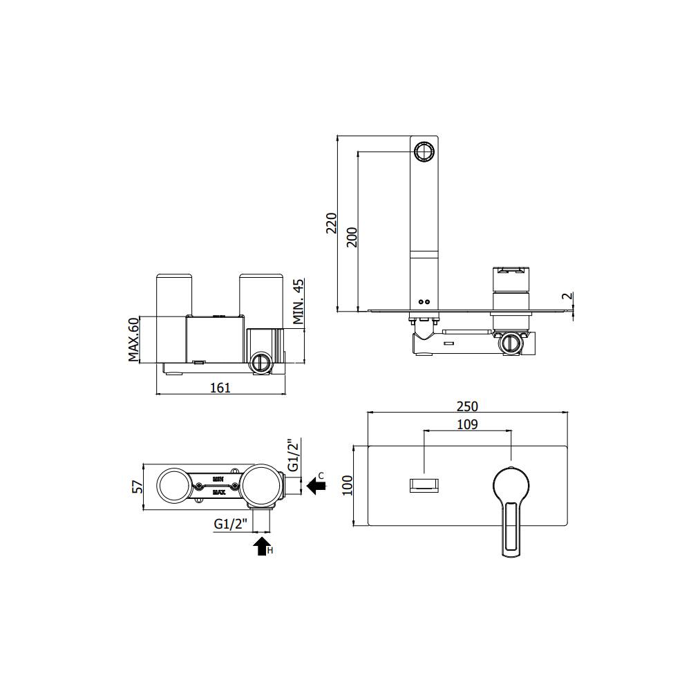 Miscelatore lavabo a muro incasso 2 Fori serie Ringo modello RIN104CR cromato Paffoni