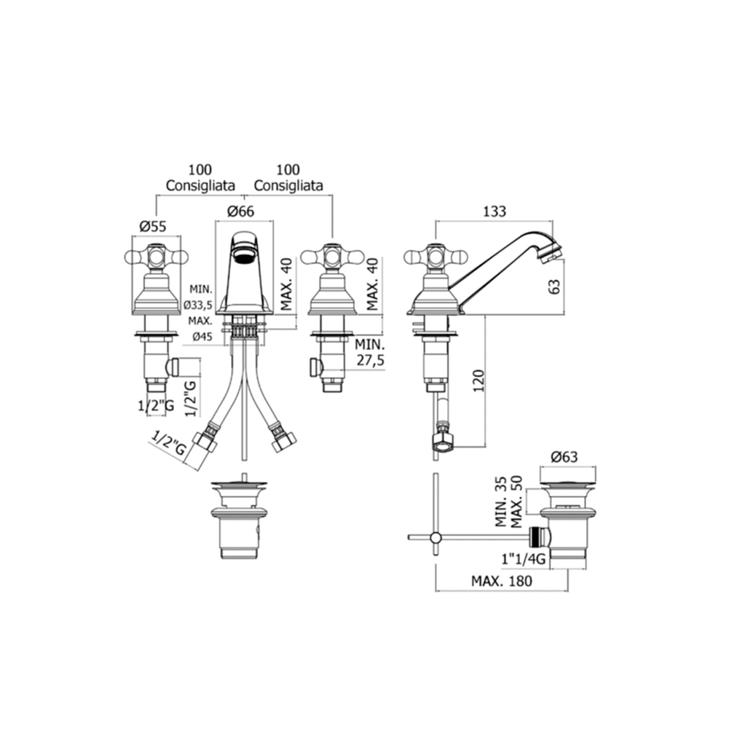 Batteria lavabo con scarico automatico Paffoni serie Iris - Cromo/Bianco