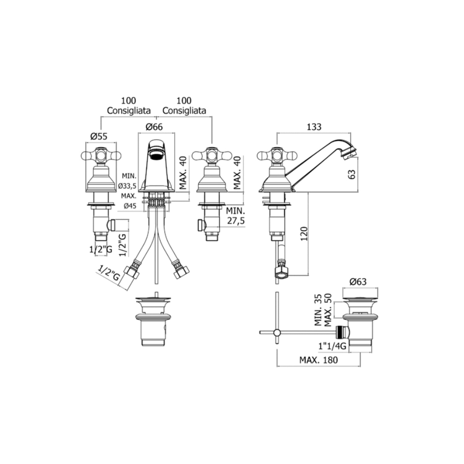 Batteria lavabo con bocca RetrÃ² Paffoni serie Iris - Cromo/Bianco