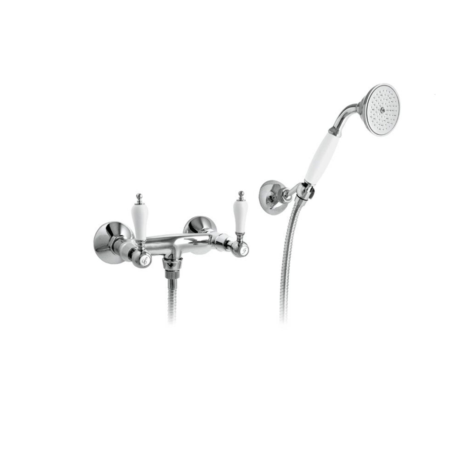 Miscelatore doccia in ottone cromato con manici bianchi fornito con kit doccia collezione King Keller taps