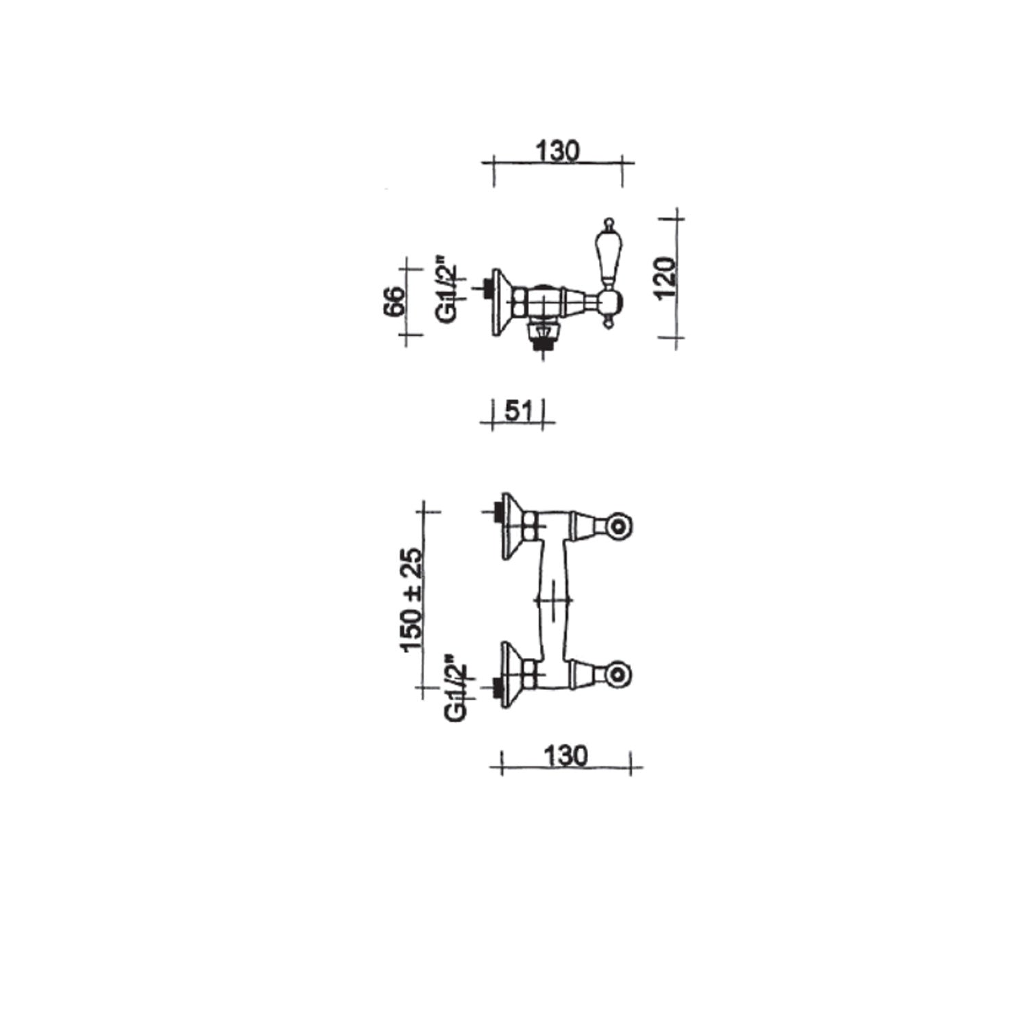 Miscelatore doccia in ottone cromato con manici bianchi fornito con kit doccia collezione King Keller taps