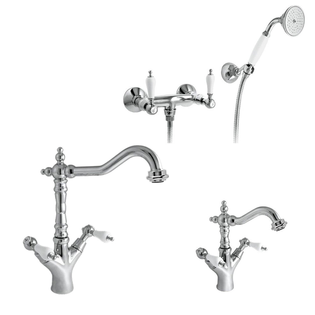 Kit miscelatori lavabo+bidet+doccia in ottone cromato e manici bianchi collezione King Keller Taps