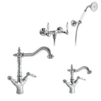 Kit miscelatori lavabo+bidet+doccia in ottone cromato e manici bianchi collezione King Keller Taps