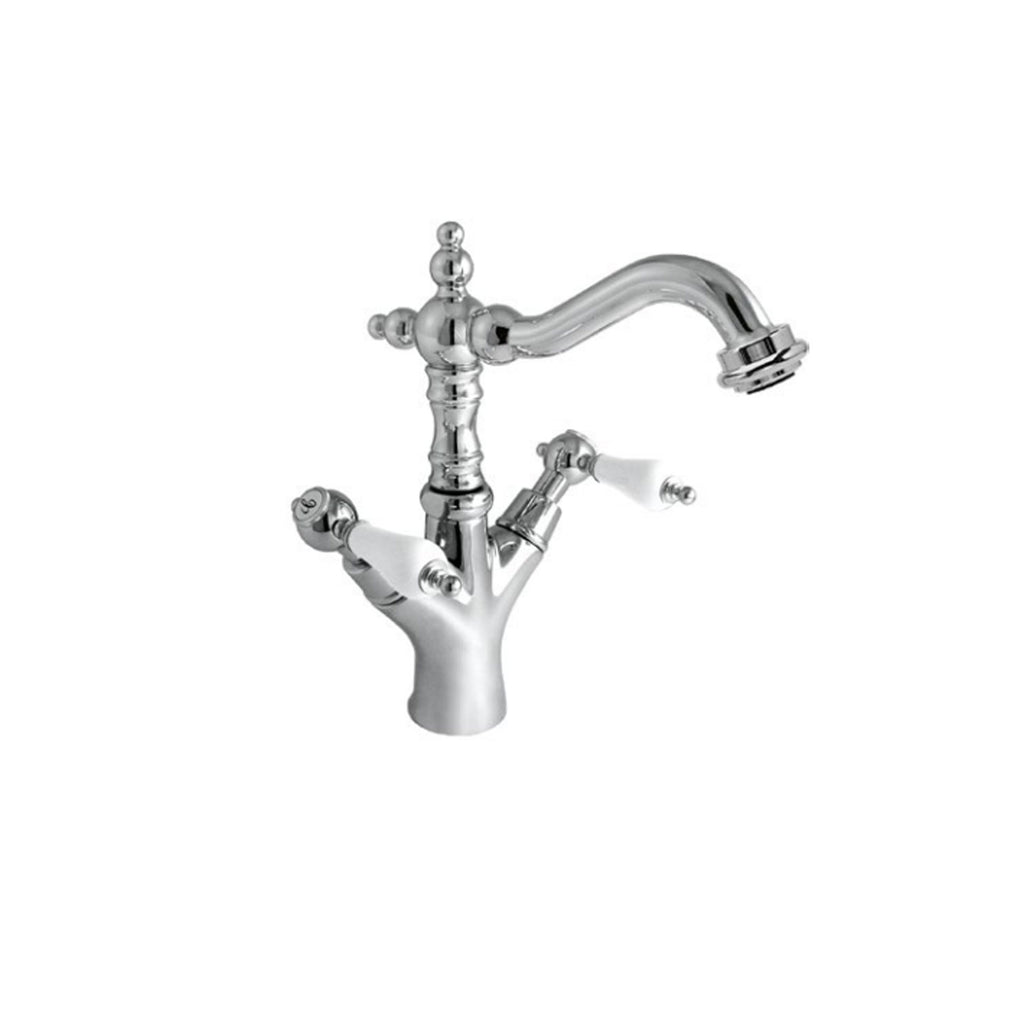 Kit miscelatori lavabo+bidet+doccia in ottone cromato e manici bianchi collezione King Keller Taps