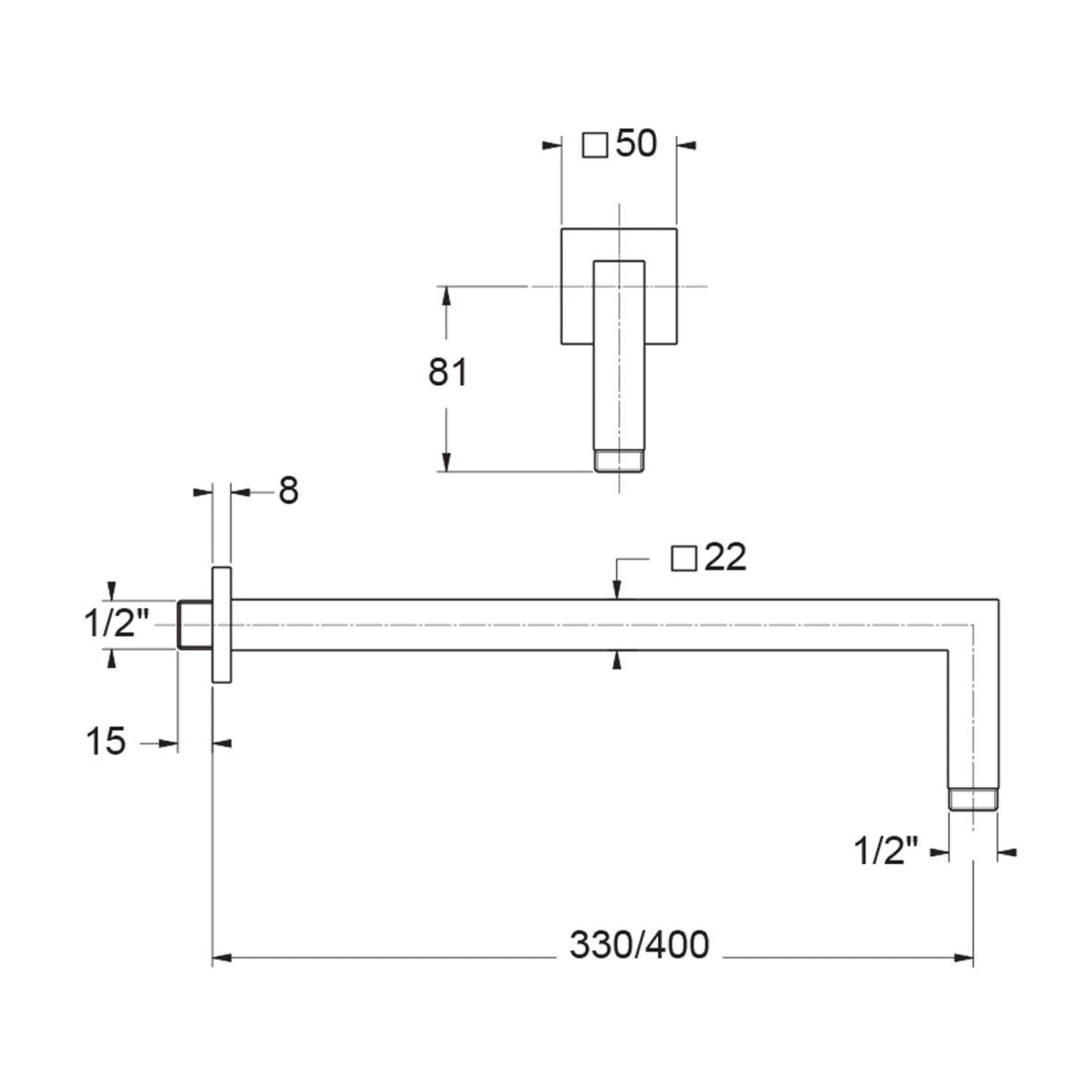 Braccio doccia squadrato in acciaio spazzolato 22x22mm