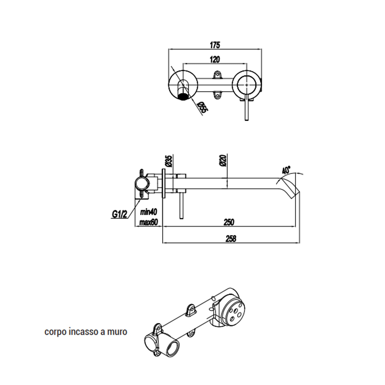 Miscelatore monocomando lavabo murale RubiFlux serie Regal canna 25 cm - Satinato