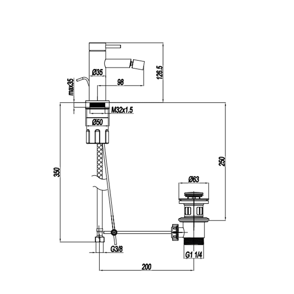 Miscelatore monocomando bidet con scarico RubiFlux serie Regal - Nero Opaco