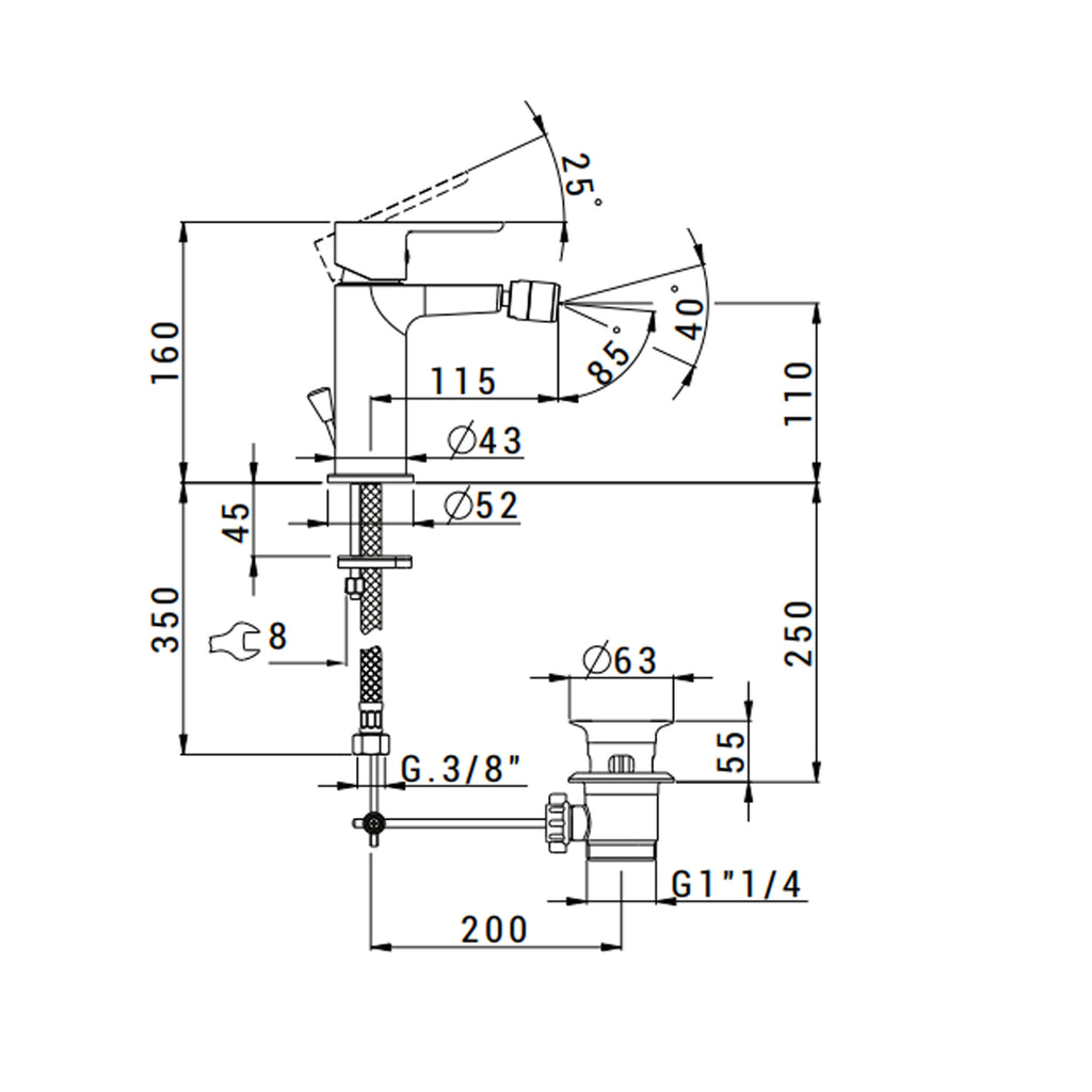 Miscelatore monocomando bidet con scarico RubiFlux serie Kyros - Cromo