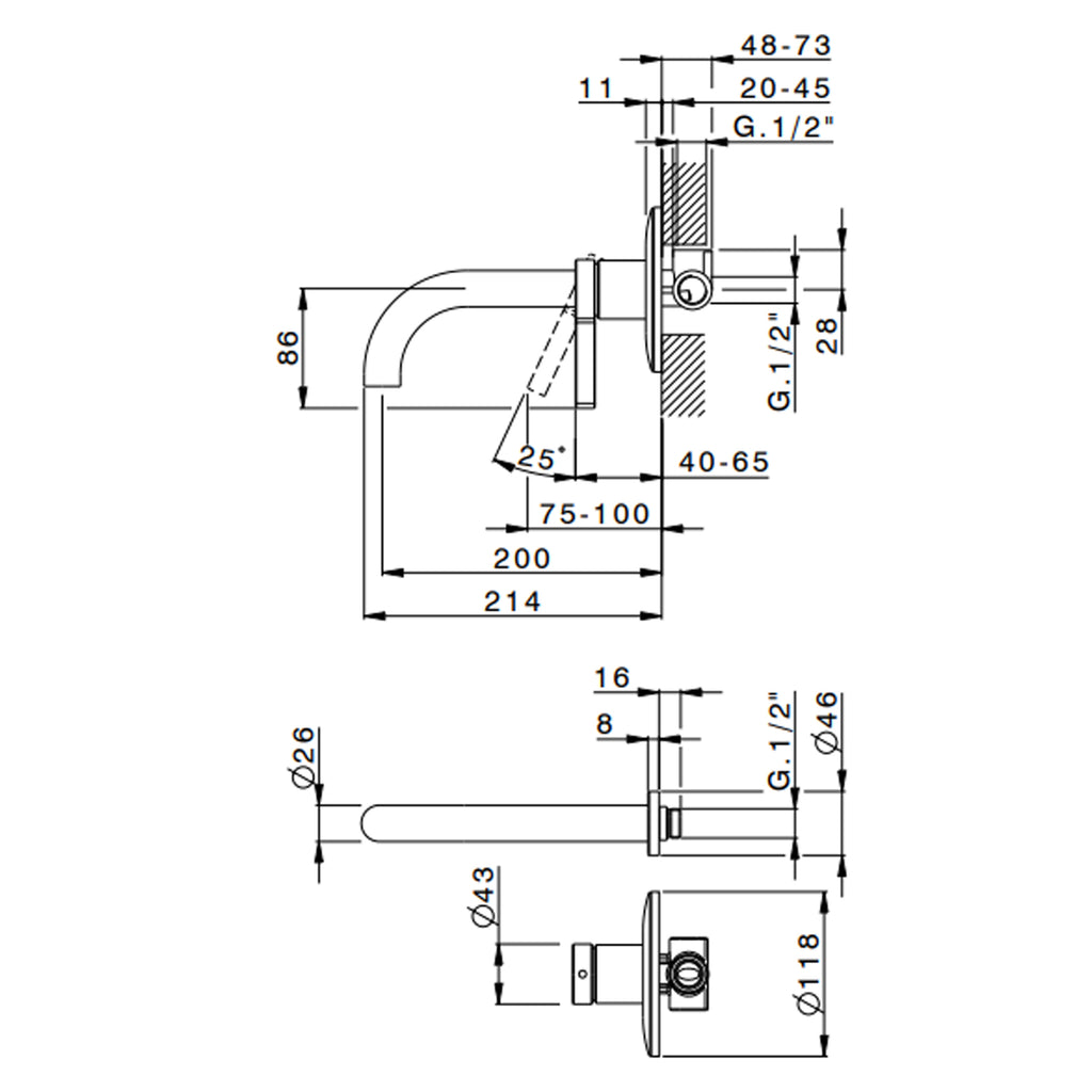 Miscelatore monocomando lavabo murale RubiFlux serie Tundra canna 20 cm - Cromo