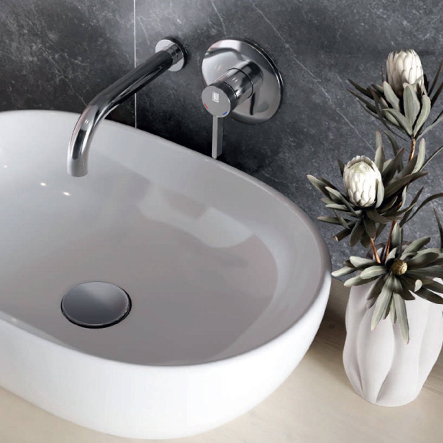 Miscelatore monocomando lavabo murale RubiFlux serie Tundra canna 20 cm - Nero Opaco