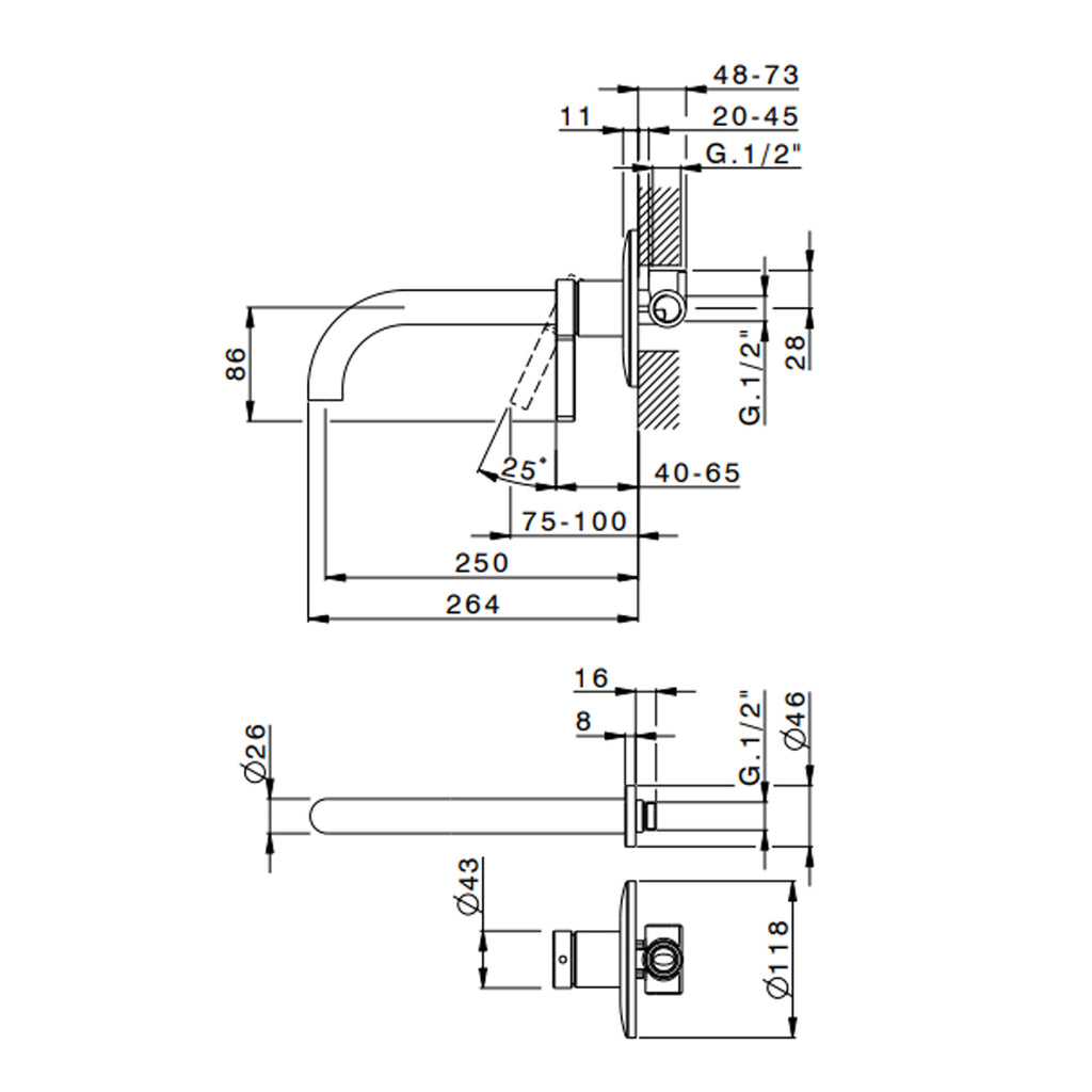 Miscelatore monocomando lavabo murale RubiFlux serie Tundra canna 25 cm - Nickel