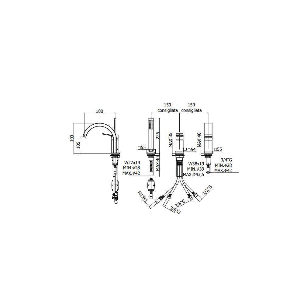Miscelatore bordo vasca con deviatore serie Tilt modello TI040ST steel looking Paffoni