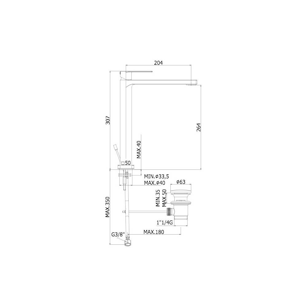 Miscelatore lavabo prolungato con scarico serie Tango modello TA085ST Steel looking Paffoni