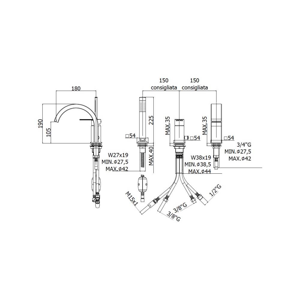 Miscelatore bordo vasca con bocca e duplex serie Ringo modello RIN040LNO colore nero opaco Paffoni